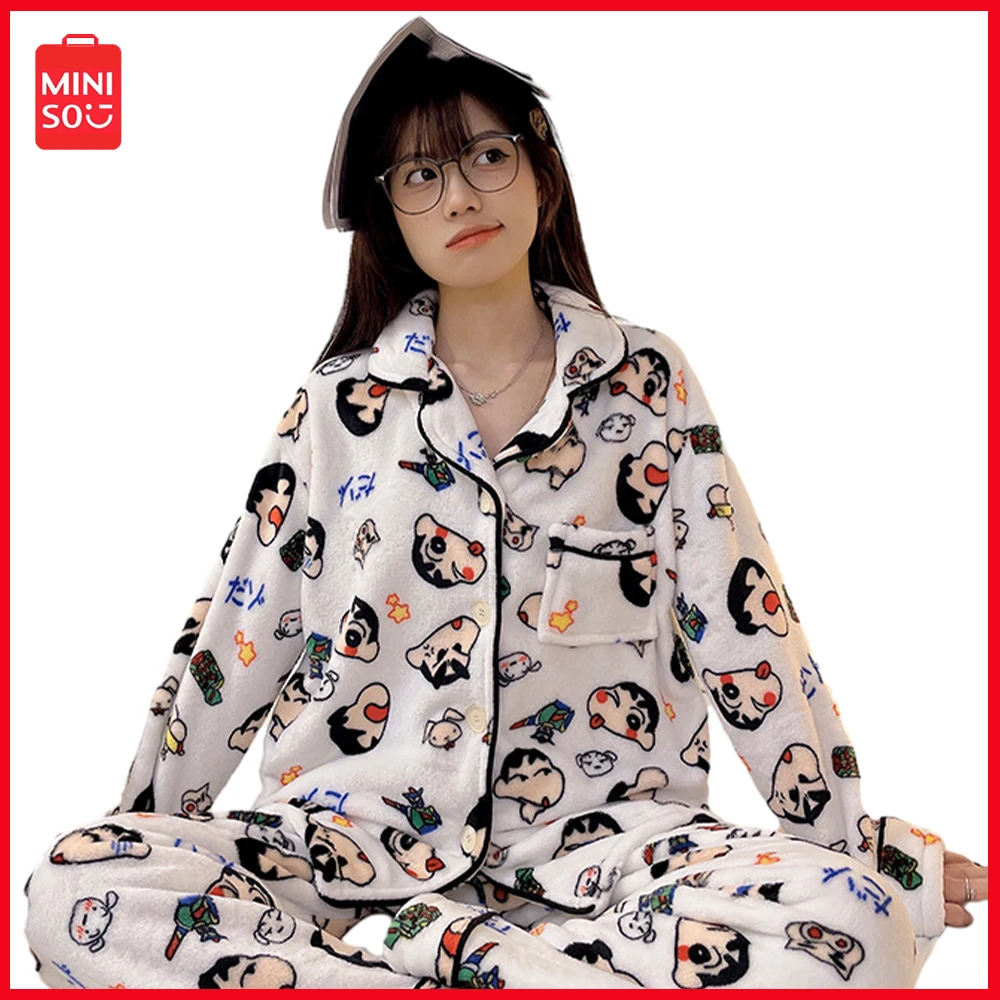 

2023 Miniso Crayon Shin-Chan Cartoon Anime Korean Version Women's Flannel Round Neck Pajamas Autumn and Winter Home Casual Wear