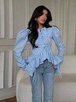 Chemisier Élégant Chic pour Femme à Manches Évasées, Boutonnage Simple et Ourlet Volanté, Couleur Unie, Nouvelle Collection Printemps-Été 2026 3