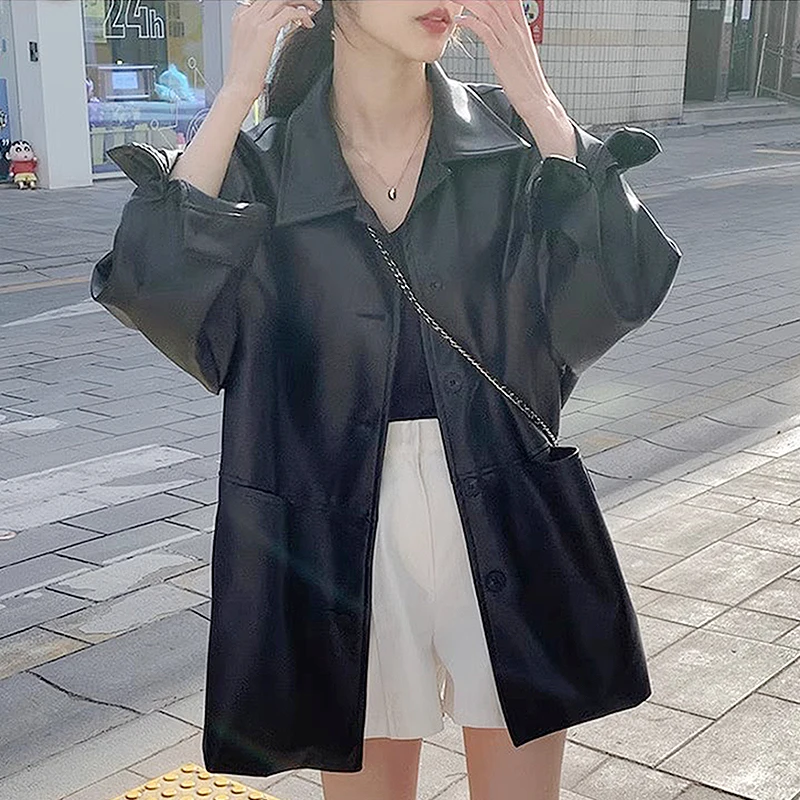 

VOLALO South Korea Chic Leather Coat, New Classic Retro Polo Collar, Single-Breasted Loose Outerwear, Black Long Sleeve