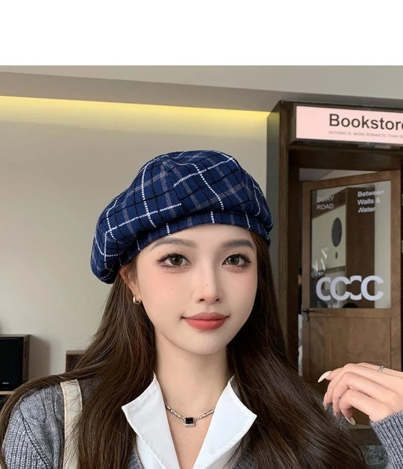 Plaid Beret Hat For Women British Retro Style Woolen Painter Cap_voghion.com
