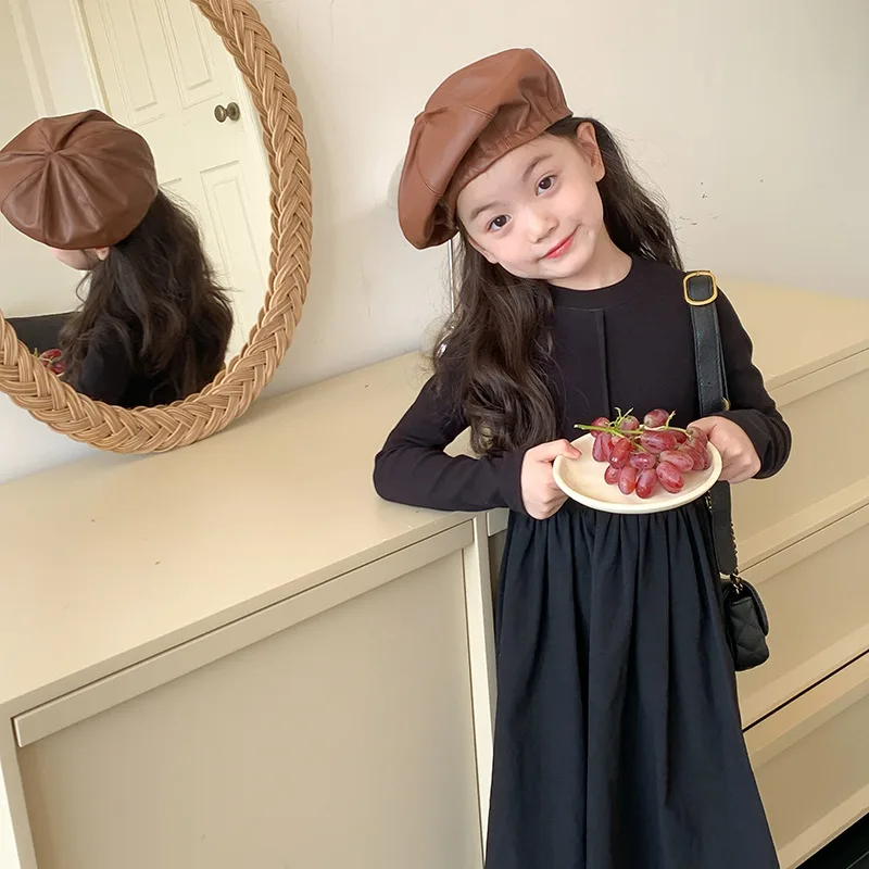 

2023 Autumn Girls Korean Version of The Solid Color Slim Princess Skirt Children's Autumn and Winter Splicing Bottoming Dresses