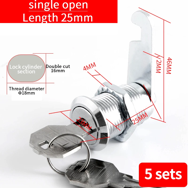 Lock com 2 chaves, Mailbox Lock, Gaveta Cam Lock, 18mm, 5 conjuntos