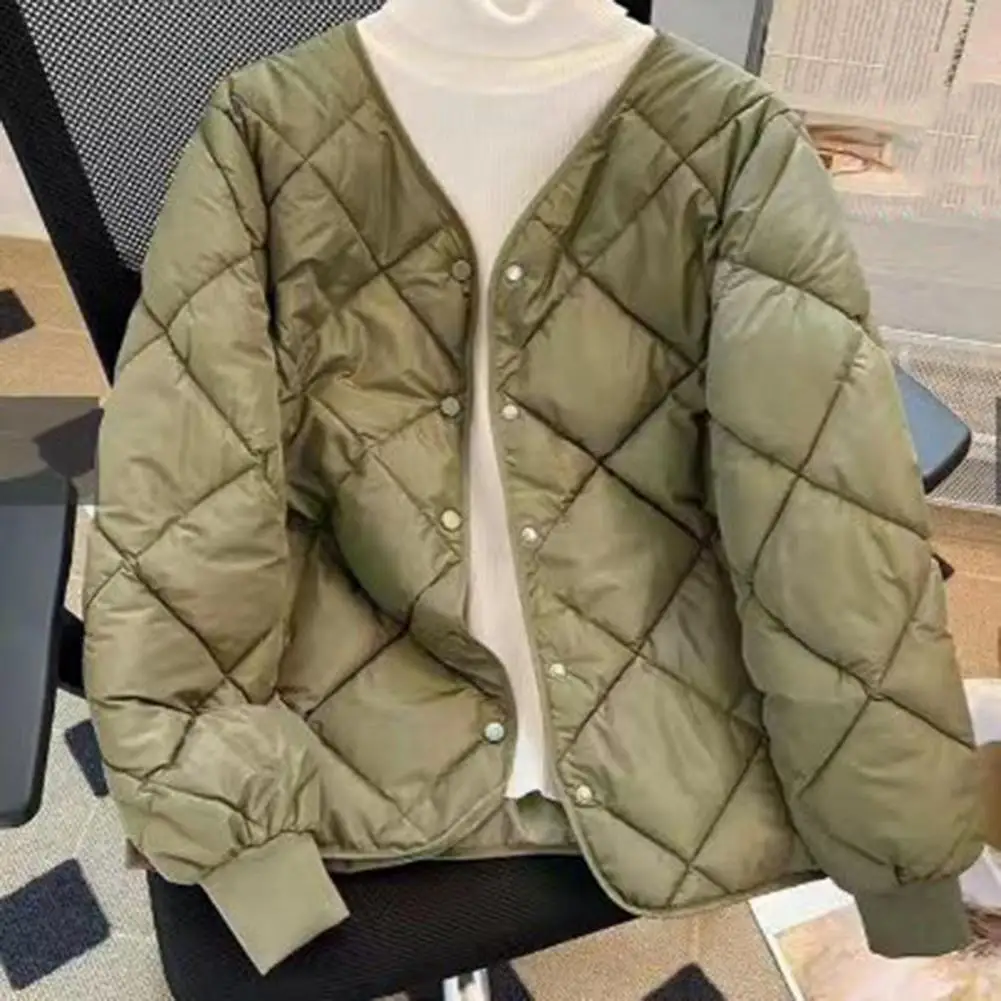 new women vintage padded coats solid color v neck long sleeve button cotton clothing winter loose coat women s clothes Women Winter Cotton Coat Single-breasted V Neck Padded Waem Soft Solid Color Long Sleeve Loose Pockets Elastic Cuff Baseball Coa