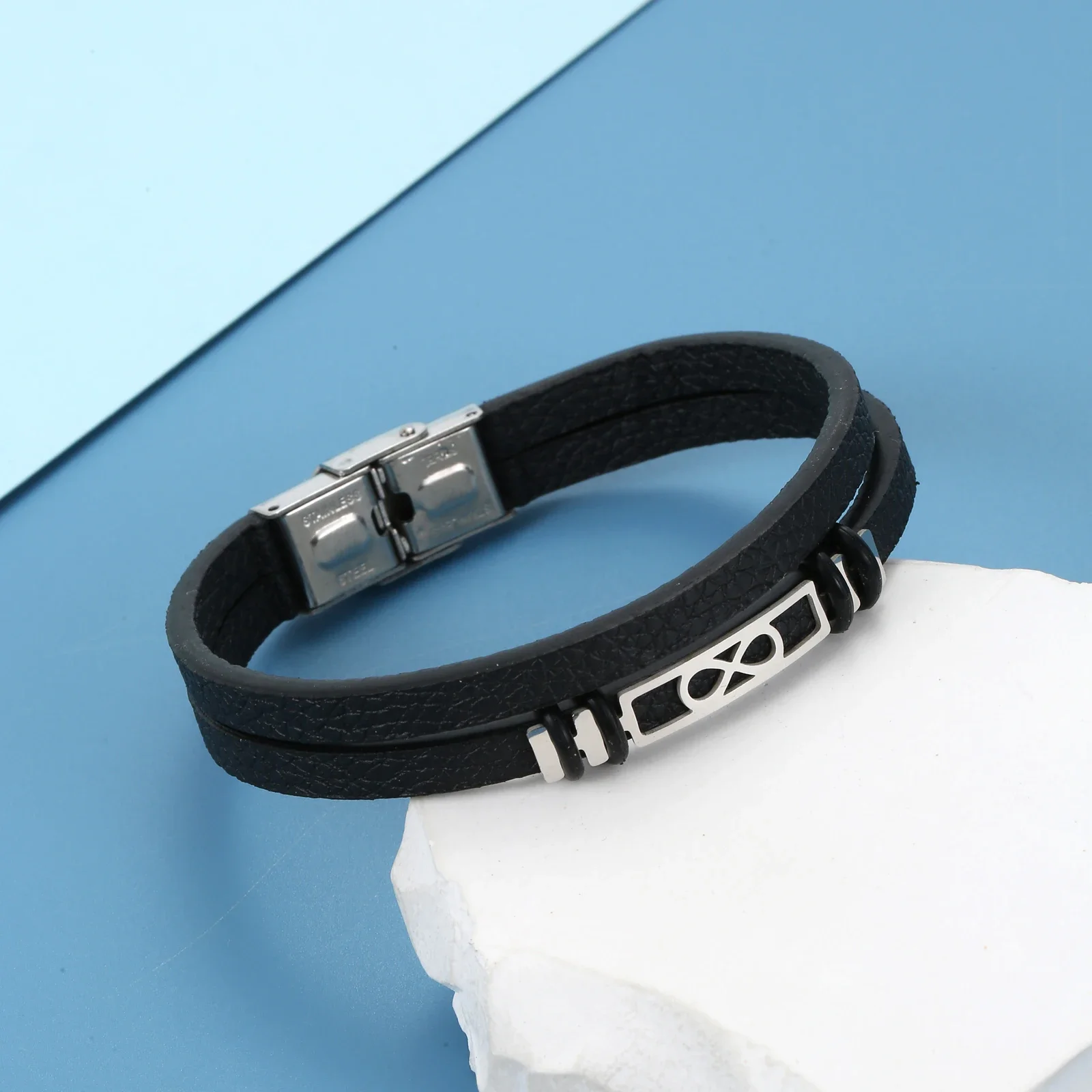 

2023 Fashion Jewelry Stainless Steel Leather Infinity Bracelet Men Vintage Cuff Leather Bracelet Pulsera Hombre