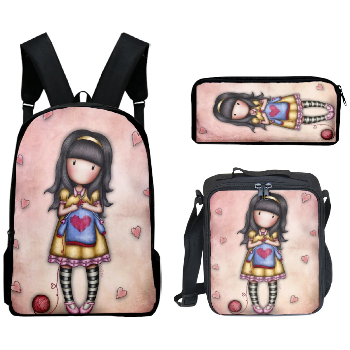 The Girl in the Snow Backpack 3pcs/set Primary Middle School Students Boys Girls Cartoon Anime Schoolbag Lunch Bag Pen Case