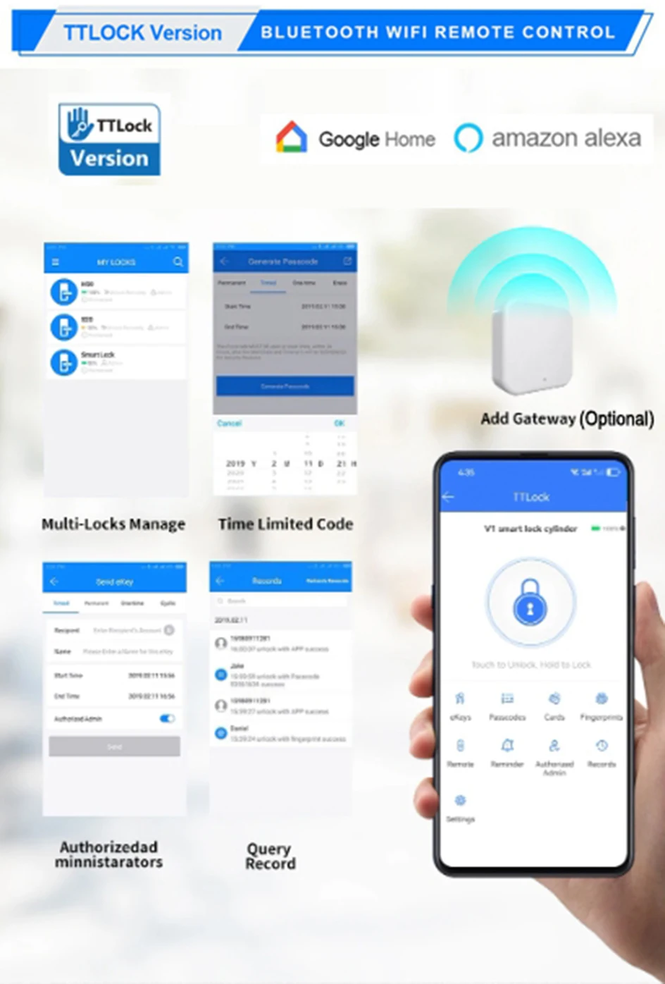 EU Cylinder Lock App Keyless Fingerprint Code IC Card Digital Keyboard Smart Doo