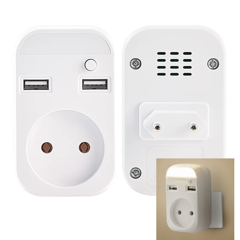 USB 벽면 콘센트 EU 플러그 어댑터(소켓 2개 포함) USB 포트 2개 야간 조명 및 스위치 5V 2A USB 확장 소켓 Z4-02