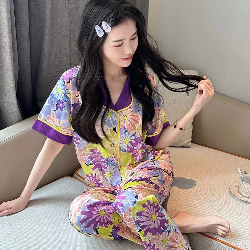 

QSROCIO Women's Summer Ice Silk Pajamas Thin Short Sleeved Pants Three Piece Set Colorful Flower Pattern Large Size Home Suit