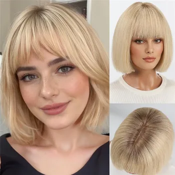 Parrucche in Veri Capelli Umani per Donne, Parrucca Corta Bionda Bob 100% Capelli Naturali con Frangia per Uso Quotidiano e Feste, Capelli Morbidi