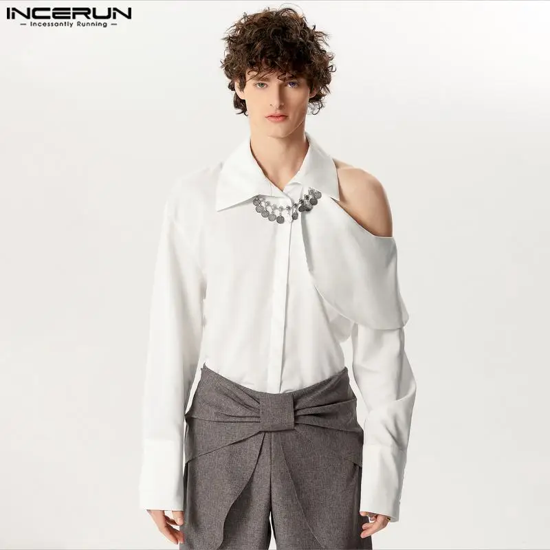 

INCERUN Tops 2024 American Style Fashion Men Slanted Shoulder Hollow Design Shirts Casual Simple Lapel Long Sleeved Blouse S-5XL