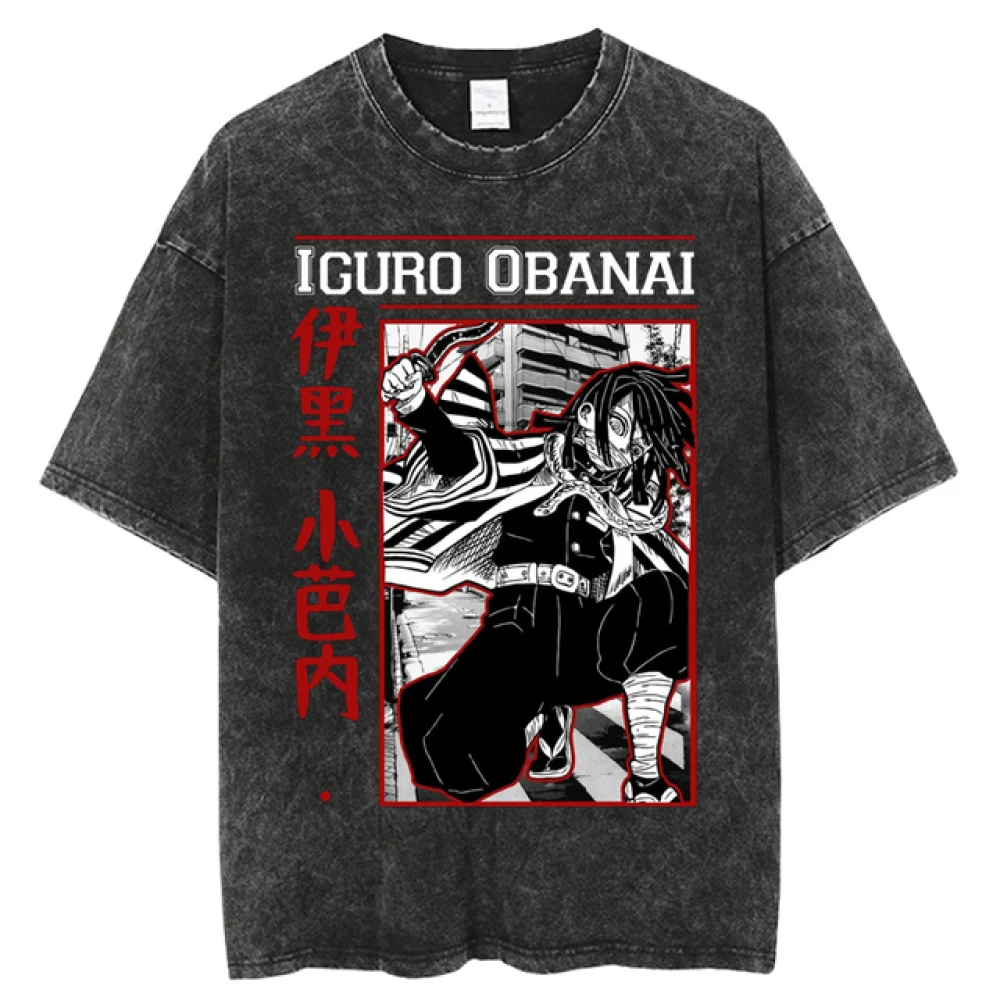 Vintage Washed Anime T Shirt Demon Slayer Men T Shirts Iguro Obanai