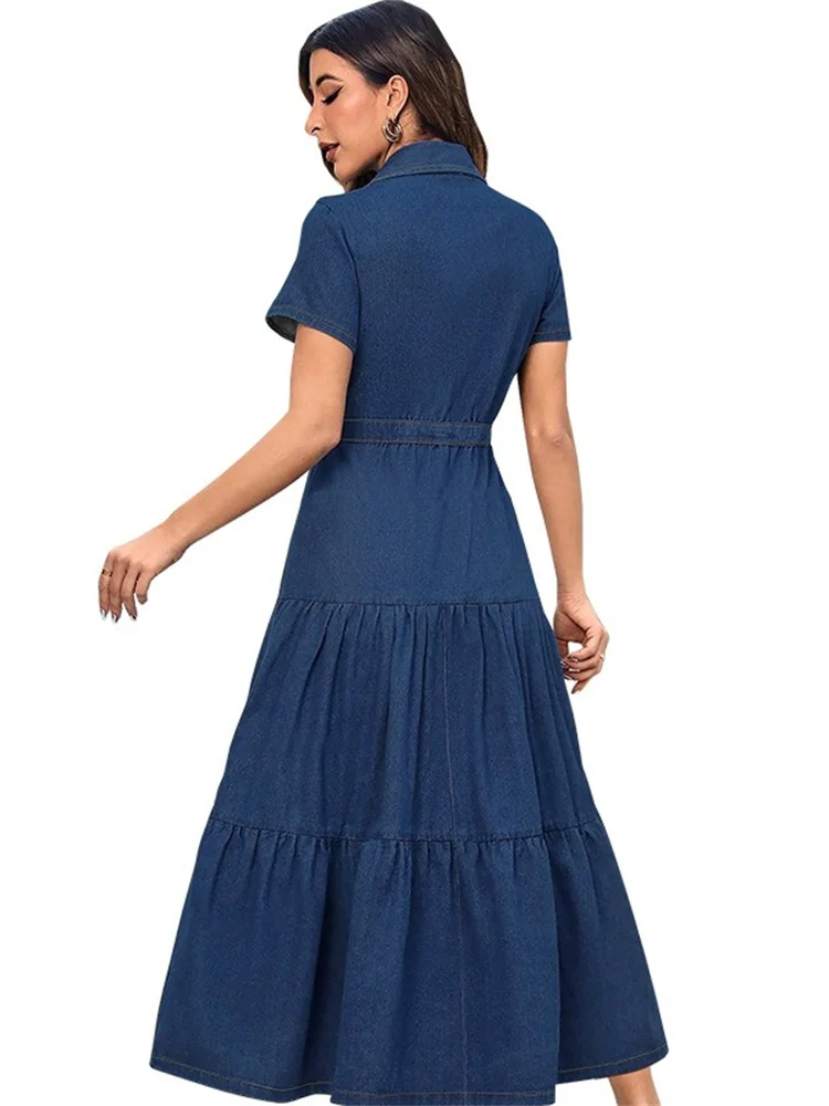 Wmstar Denim Dress Women Casual Button Bodycon Pockets Lapel Long Dresses Fashion Streetwear Wholesale Dropshipping New Style