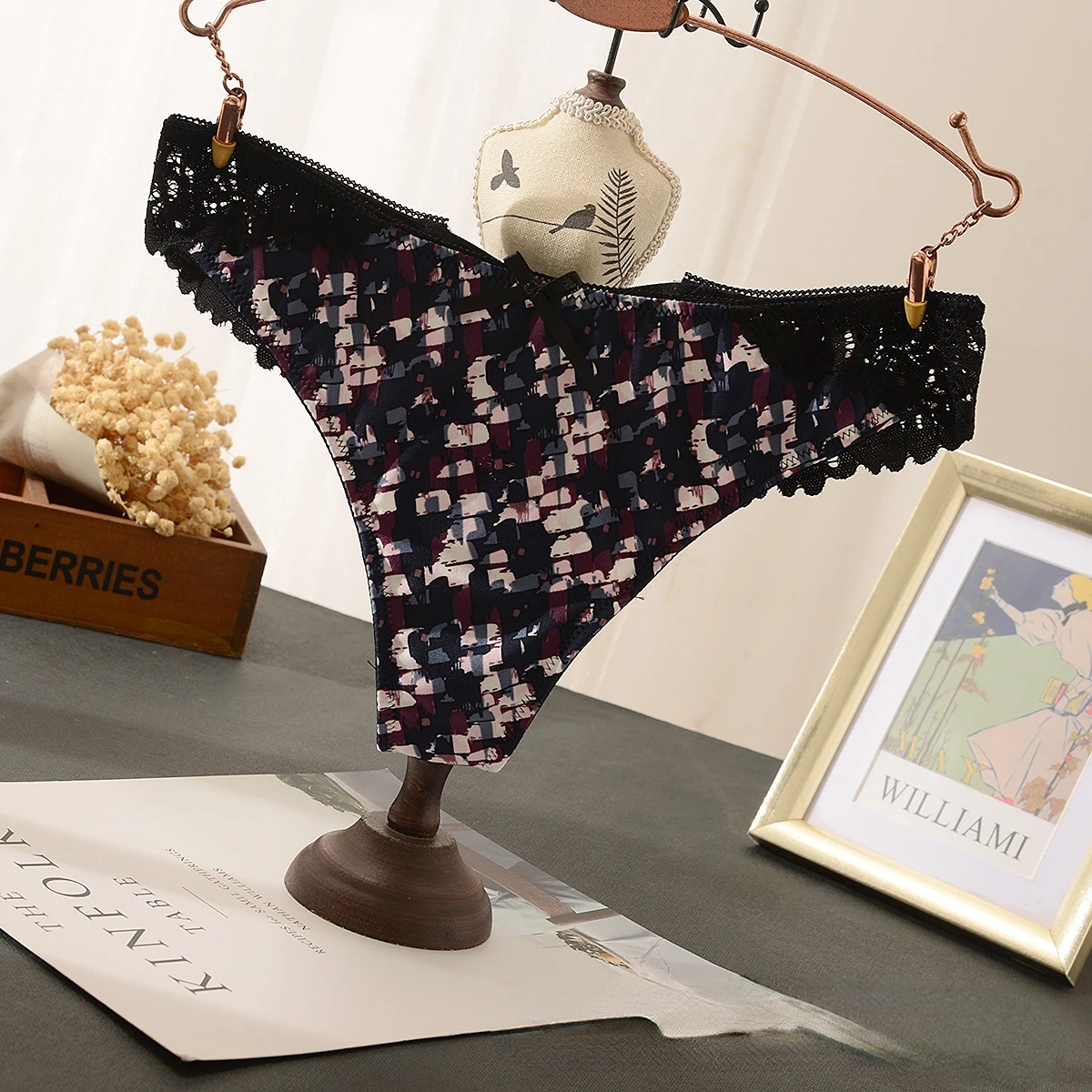 Floral Print Sexy Thong Silk Slip Lace Triangle Women's Underwear