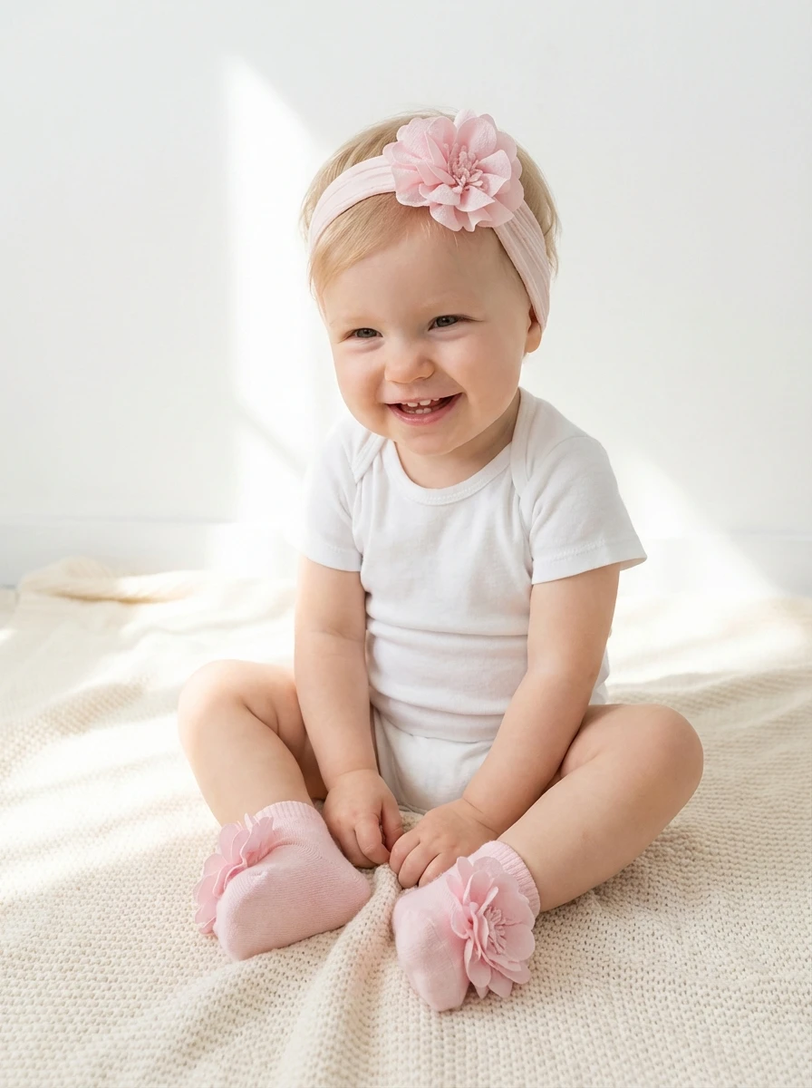 Baby Stirnband und Socken Zweiteiler-Set, Komfortables Jacquard Baby Stirnband-Combo, Kinder Haaraccessoires und Socken Set – Detail 1