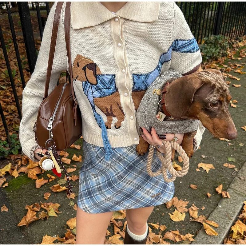 Casual Knitted Printed Dog Cardigan Women Vintage Cute Lapel Single Breasted Short Sweaters Female Autumn Chic Street Knitwear