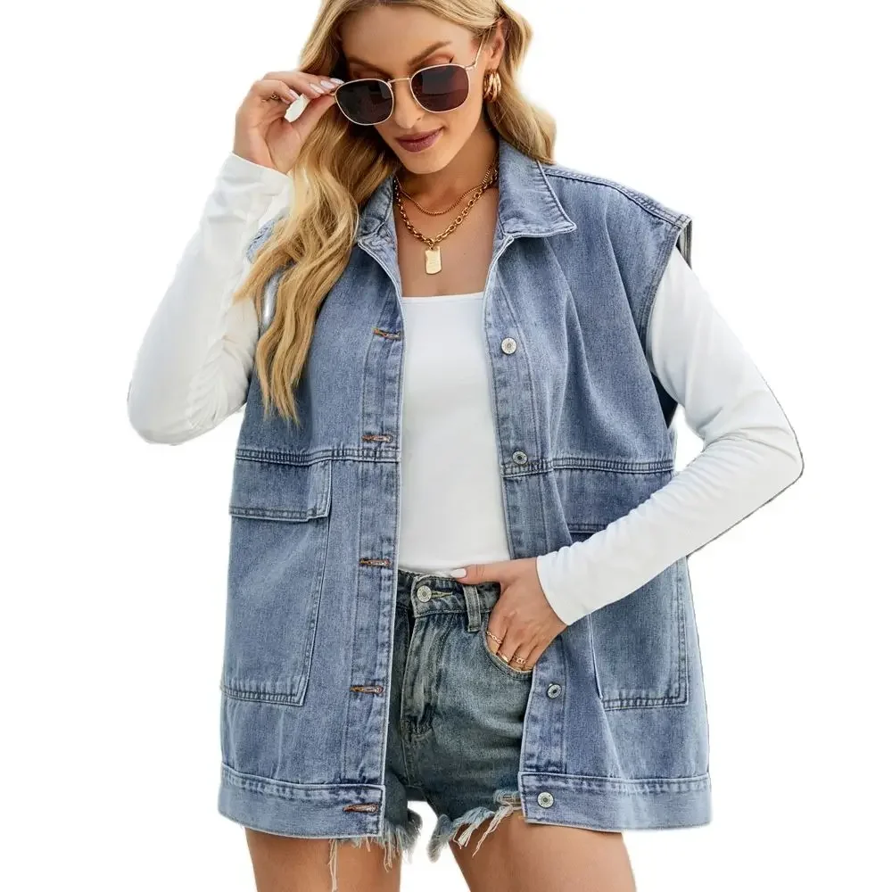 

2023 Summer New Women's Sleeveless Lapel Denim Vest Fashion Casual Jeans Jacket Coat Street Trend Female Clothing S-XL Drop Ship