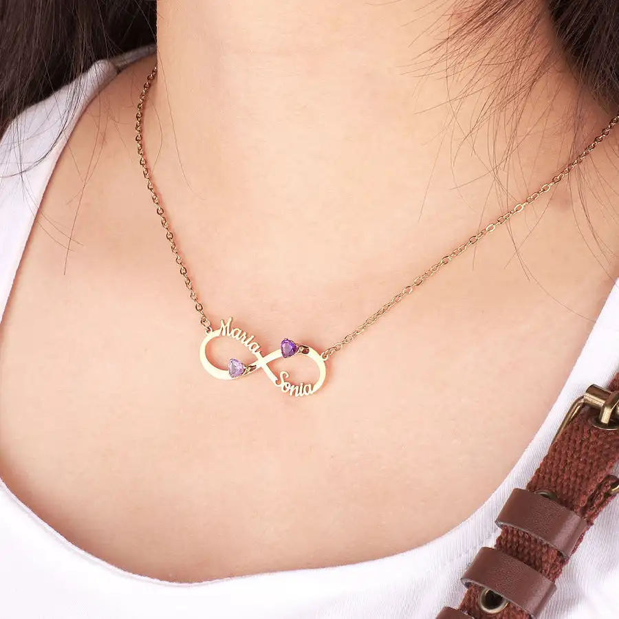 Double Name Infinity Heart Birthstone Necklace Couple Customized Name Necklace Valentine's Day Gift for Her