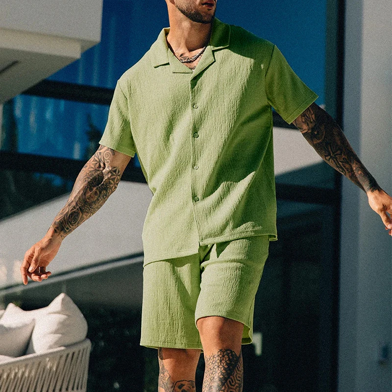 Leisure Men\'s Two Piece Set Short Sleeve Lapel Button Shirts And Shorts Beach Style Suits Men Summer Fashion Clothing Streetwear