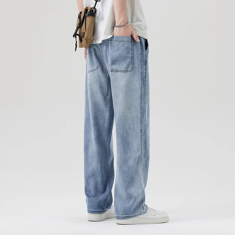 Luxury Summer Thin Soft Lyocell Fabric Jeans Men Elastic Waist Loose Straight Breathe Denim Trousers Male Plus Size M-5XL OUSSYU denim trousers,men trousers,lyocell jeans