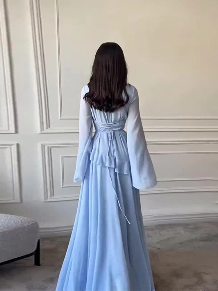 فستان ماكسي أنيق بأكمام مضيئة وأزرق مكشكش للنساء ف...