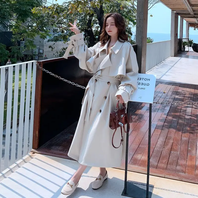 Korea Loose Oversize Double-breasted Long Trench Coat Women