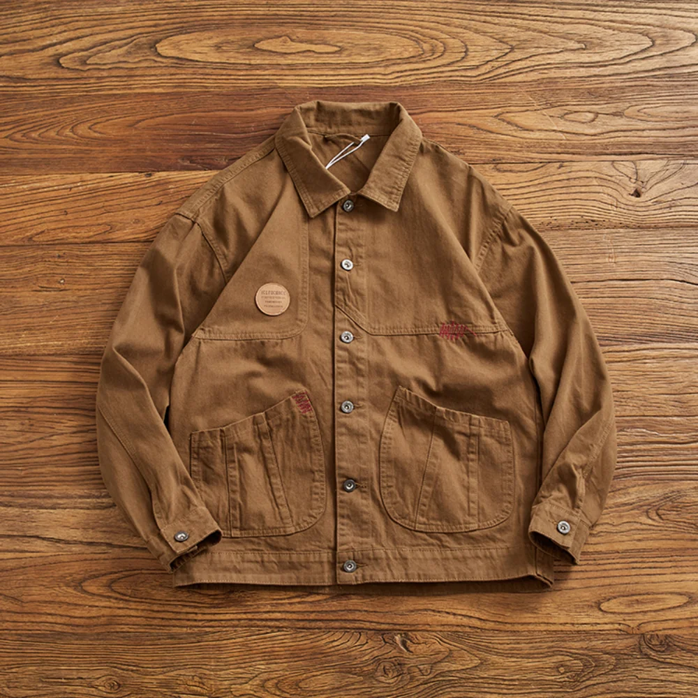 

May Khaki vintage cargo coat men's garment wash stamped multi-pocket combed cotton to do old woven jacket trend