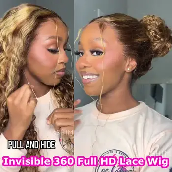 Invisible 360 HD Full Lace Wig Human Hair Pre Plucked HD Highlight Deep Wave Frontal Wig Invisible Drawstring 360 Lace Front Wig