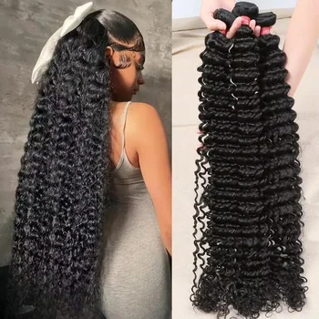 40 Inch Deep Wave Brazilian Human Hair Bundles 3/4 PCS Natural Black Unprocessed Remy Hair Extensions Weave Bundles Soft Silky 1
