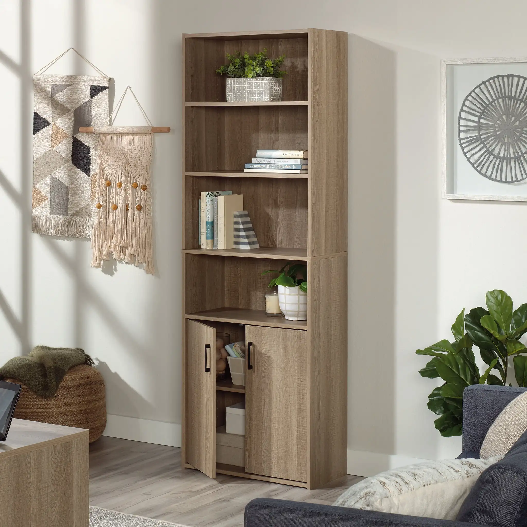 

Tall 4-Shelf Bookcase with 2 Doors, Summer Oak Finish