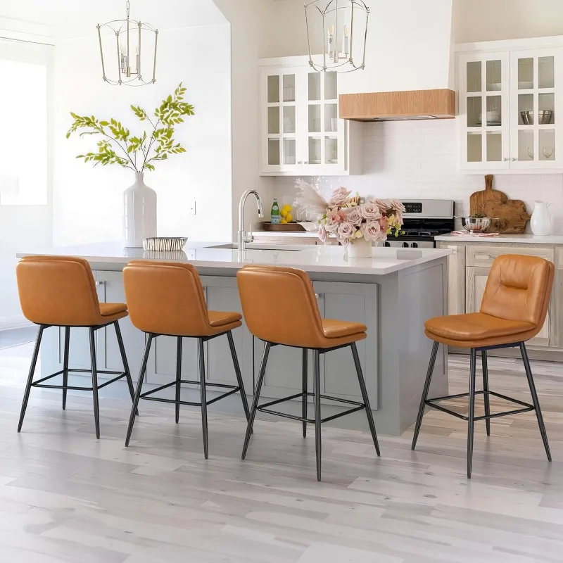 Upholstered Bar Stools Set of 4, Counter Height Bar Stools for Kitchen Island, Faux Leather Armless Barstool Chairs, 24 Inch