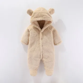Newborn Baby Rompers Autumn Winter Warm Fleece Baby Boys Girls Costume Baby Clothing Solid Plush Overalls Hooded Jumpsuits 0-12M 3
