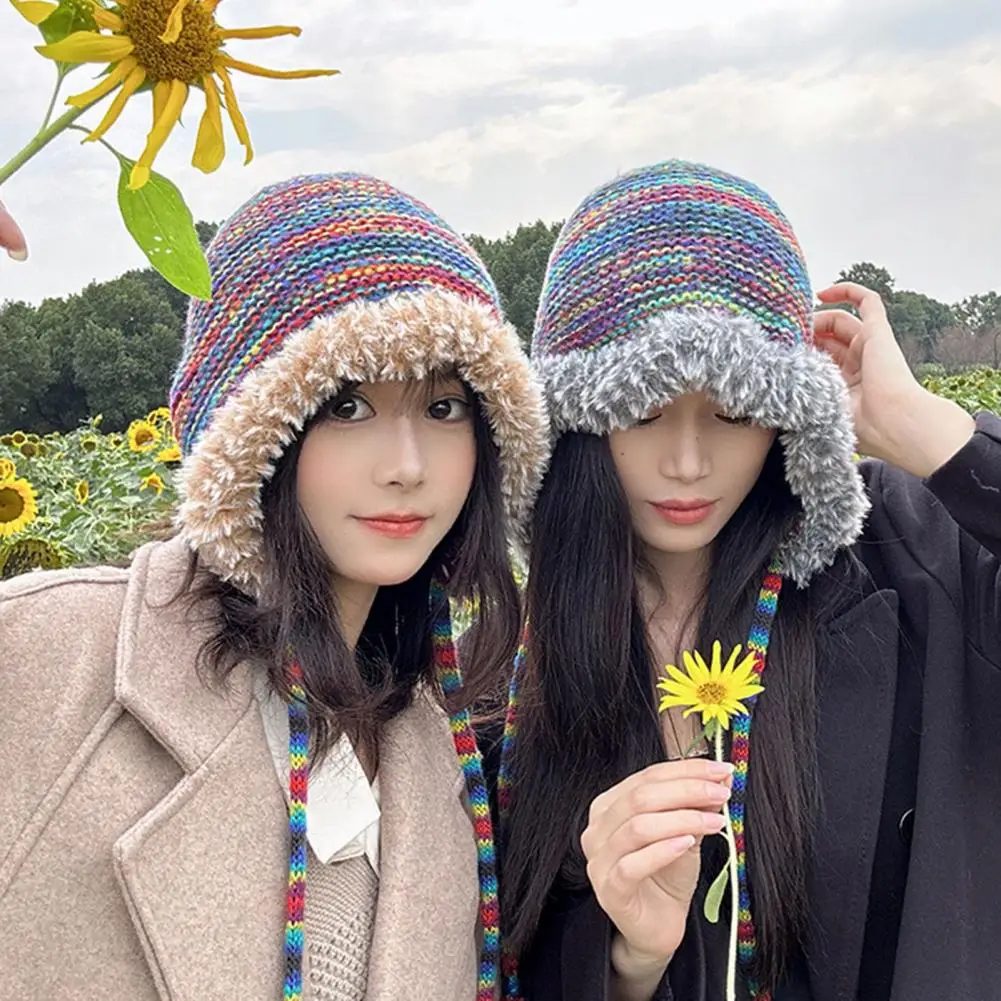 

Winter Plush Hat Rainbow Design Warm Windproof Perfect Thickened Knitted Hat for Women Accessories