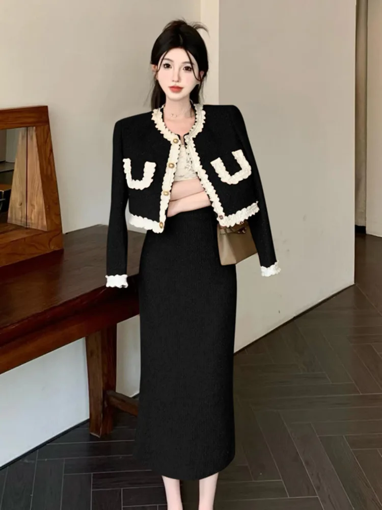 

High Quality Winter Outfits For Women Two Piece Set Small Fragrance Tweed Jacket Coat + Long Skirt 2 Piece Sets Women Outfit