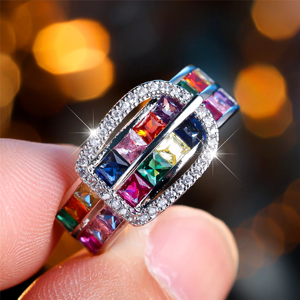 2025 Fashion Style Cute rainbow square artificial zirconium photos ladies wedding jewelry_voghion.com