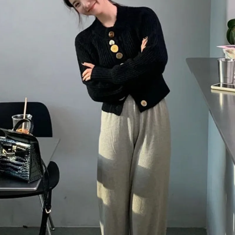 Half High Collar Office Lady Autumn Winter Solid Color Women's Pullover Sweater Knitted Long Sleeve Button Up All-match Tops 4