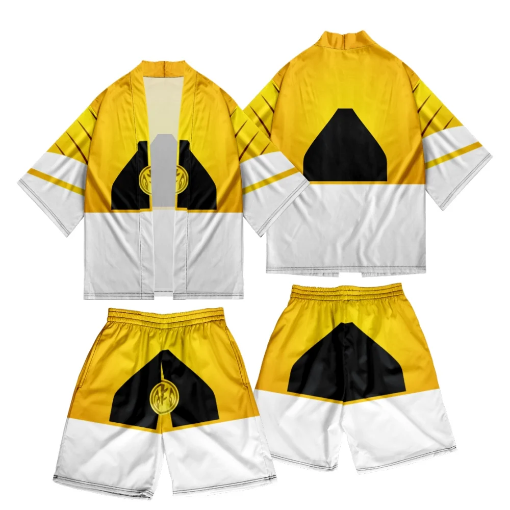 Novelty Two-piece Suit Japanese Cardigan Men Cosplay Mighty Morphin Print Yukata Kimono Shorts Sets Patchwork Asian Traditional