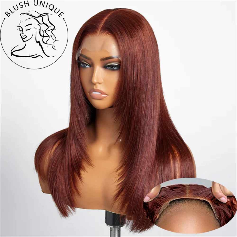 

Reddish Brown Layered Front Wigs Straight 4x4 Lace Closure Wigs Wear and Go Pre Cut Glueless Wig Layered Cut Synthetic Hair