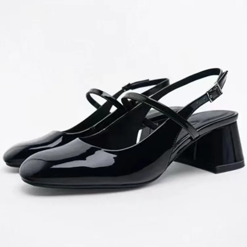 Woman Chunky High Heels Sandals Round Toe Patent Leather Summer Slingbacks Mary Janes Shoes