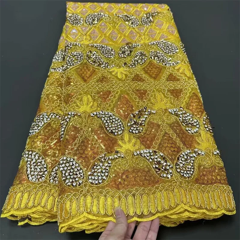 

African Sequin Lace Mesh Fabric for Women, Embroidery, Wedding Dresses, Nigerian Fabrics, Materials by Meters, Yellow, 5Yards