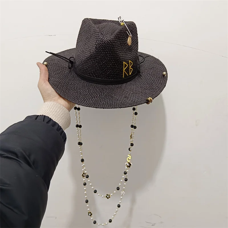 Metal letter beige straw hat handmade design hat pearl chain summer sun hat new letter hat beach women gorras para hombres