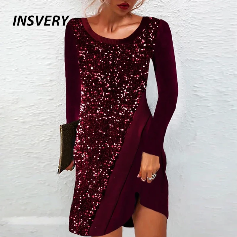 

Elegant Sequin Party Dress Women Fashion Long Sleeve Mini Dresses For Women Christmas Dress Autumn Winter Evening Dress Red