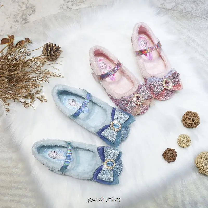 Disney Princess Elsa Fashion Autumn Winter Girls Shoes Warm Cotton Plush Fluffy Fur Kids Flats Children Loafers Birthday Gift