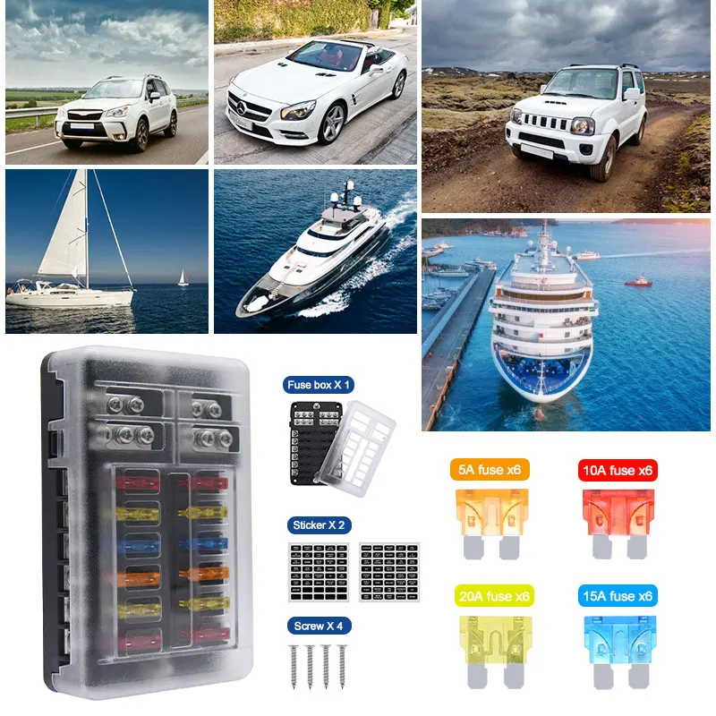 Auto 6 Way 12 Way Fuse Box Plastic Cover Blade 12V 32V Fuse Holder RV Camping Car Electrical Appliances Circuit Breaker