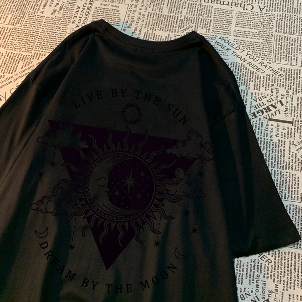 Live By The Sun Dream By The Moon Tshirt Men Women Hip Hop Cotton Casual Tops Pattern Sweat Summer Clothing Fashion Loose Tshirt