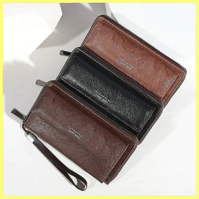 Men's PU Zipper Handbag, Large Capacity Long Wallet with Card Holder & Coin Purse, Phone Clutch Bag