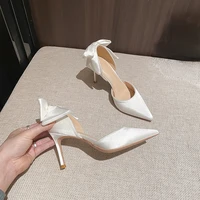 2022 New Solid Color Fashion Design Stiletto Bow Hollow Women's Wedding Shoes Women's Exquisite Shallow Mouth Satin High Heels - Image 4