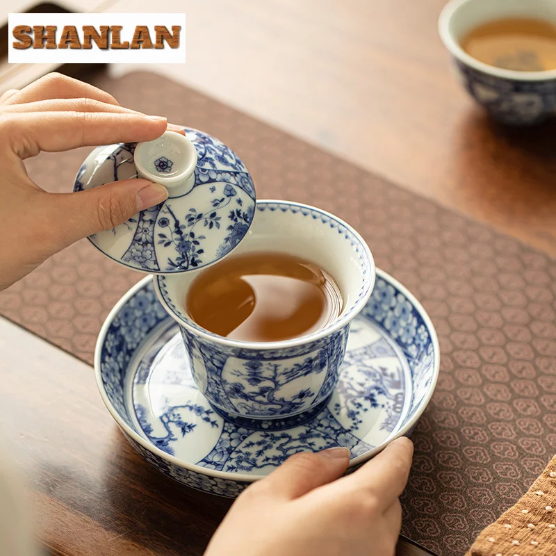 170ml Jingdezhen Antique Blue And White Gaiwan Aesthetic Twelve Gods Of Flowers Tea Tureen Tea Making Cover Bowl Cafes Craft