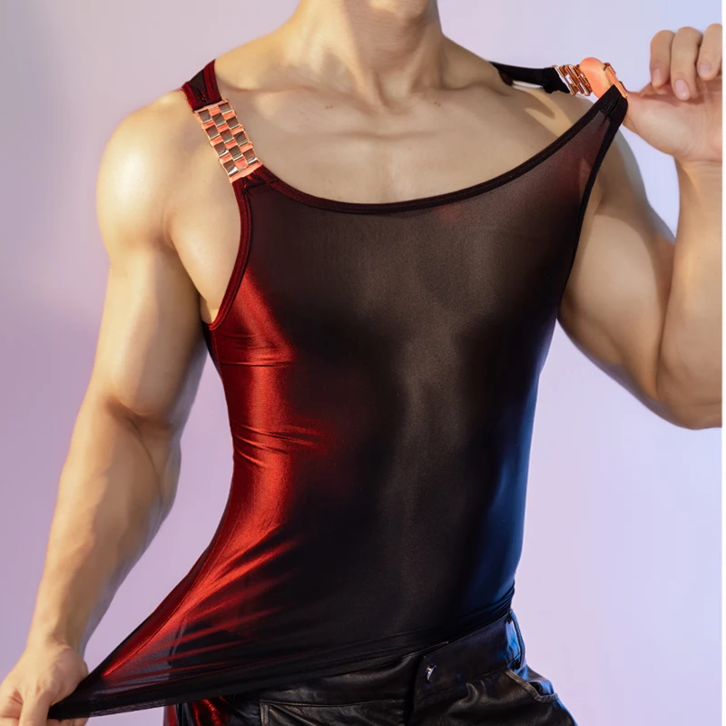 Tank Tops Sheer Transparent Oil Shiny Men's Vest Man Clothing Night Club High Elastic Sleeveless Shirt singlet men