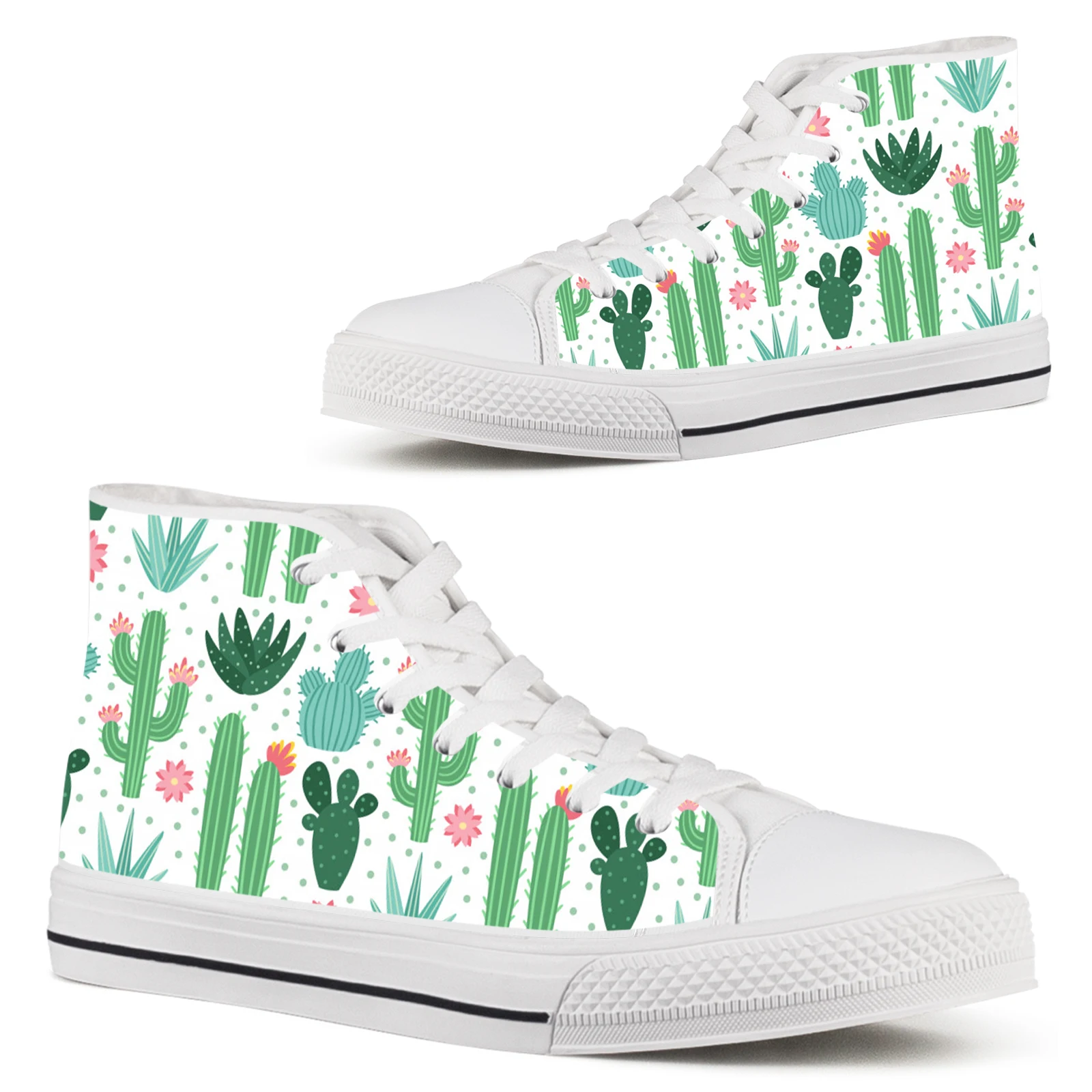 

ELVISWORDS Classic Women's Vulcanized Shoes Cactus Flower White Women's Shoes Comfortable Lace-up Canvas Shoes Floral Footwear