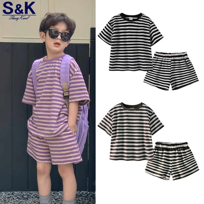 1-12Y Kinder Kleidung Sets Baumwolle Gestreiften Kurze Sets Mädchen Jungen Kurze Anzüge Koreanischen Stil Anzug Mode Outfits Kurzarm O neck